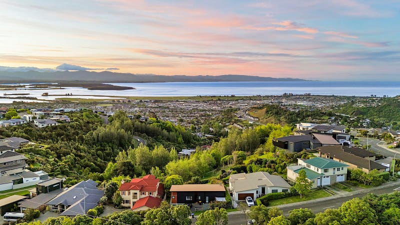 an aerial view looking across housing to the sea