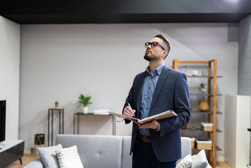 a male real estate agent inside a house making notes