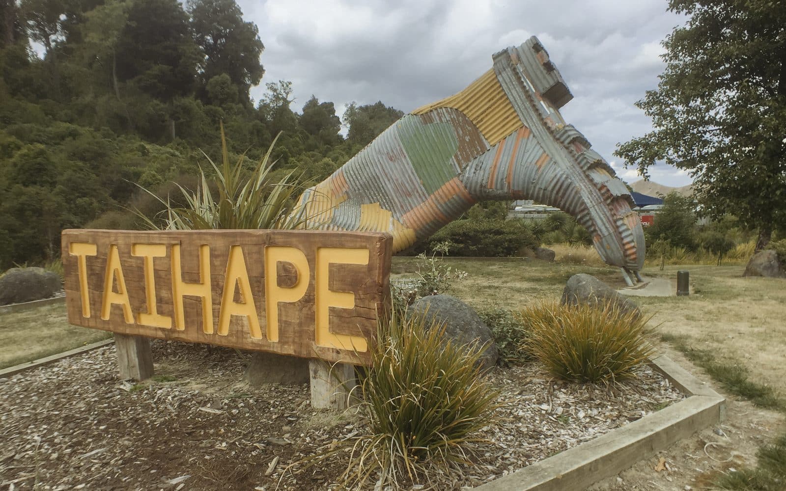The Taihape sign with its giant gumboot, gumboot capital of New Zealand