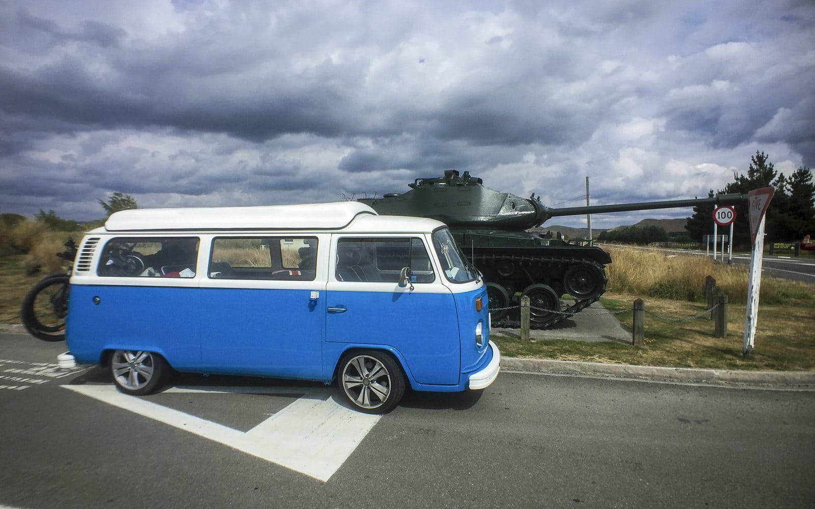 The Tardis, a blue and white 1975 VW Kombi, packed and ready for the road