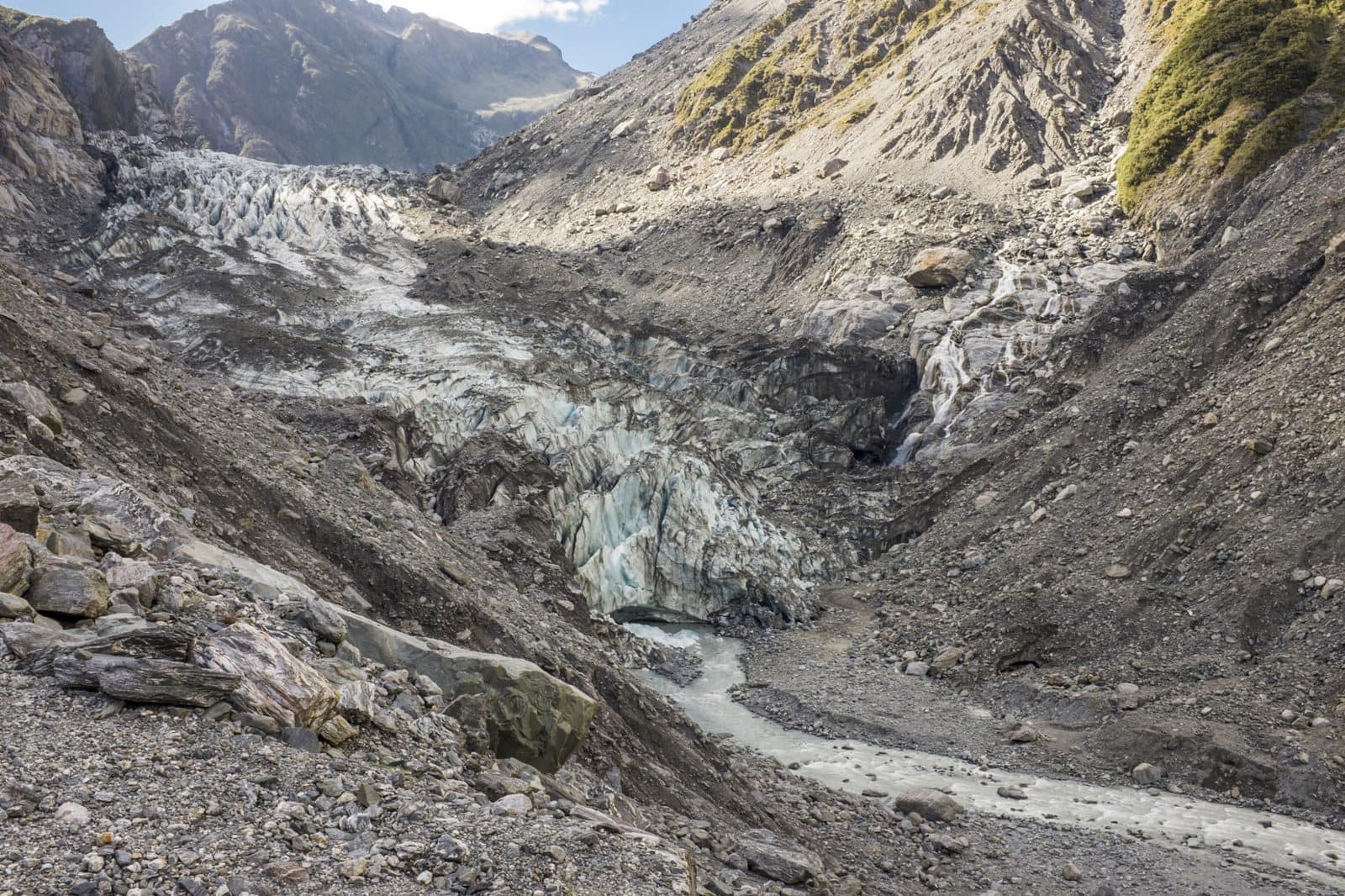 The broken ice and moraine of Fox Glacier