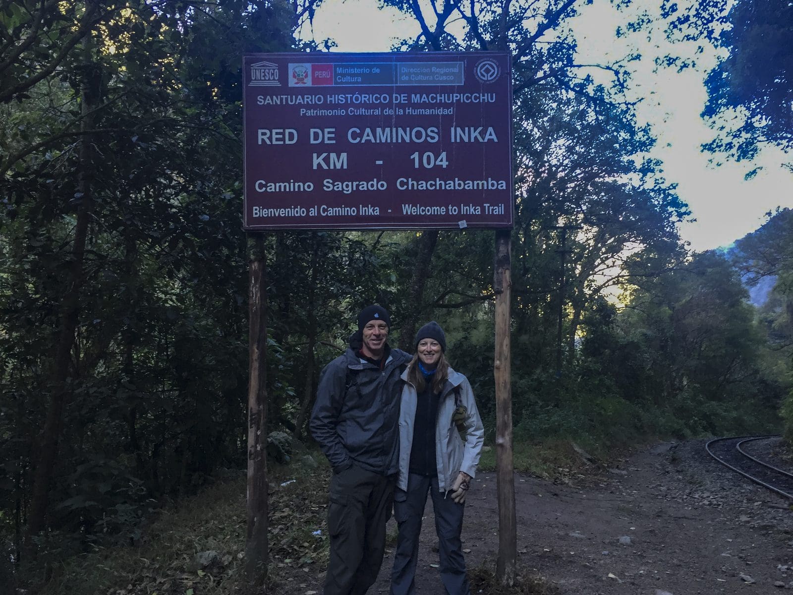 Steve and Julie at the KM 104 marker, the start of the one day Inca Trail