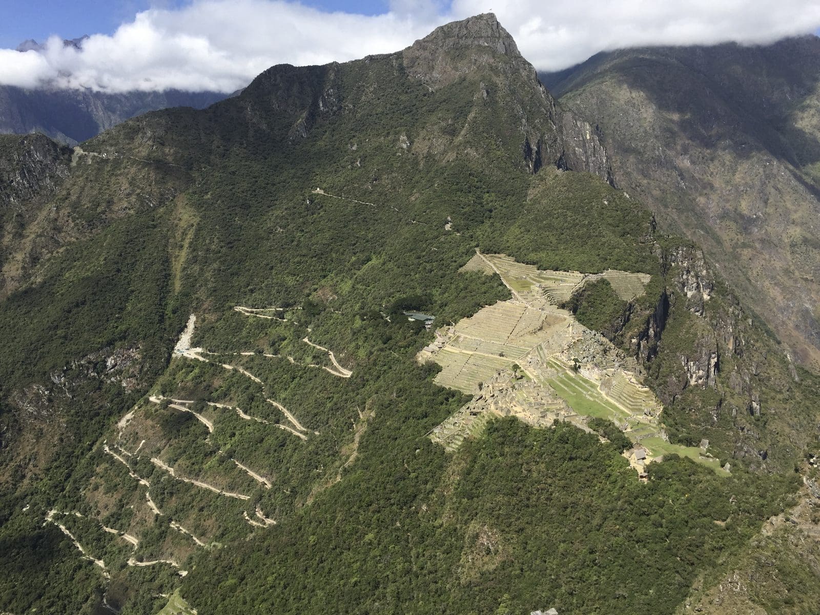 Machu Picchu seen from high on Wayna Picchu, the citadel far below