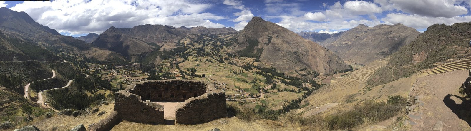 The ruined Inca citadel above Pisac in the Sacred Valley, Peru