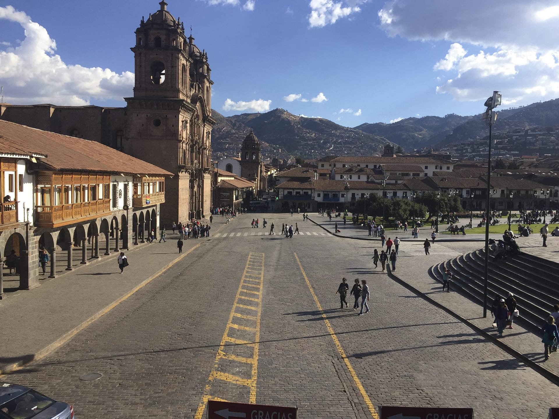 The Plaza de Armas in Cusco, Peru, with the Andes rising behind the colonial arcades
